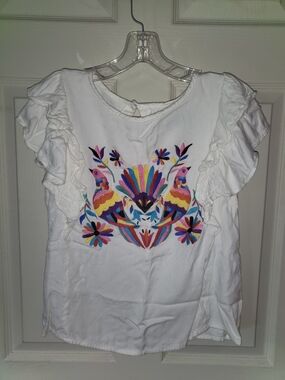 Judith March White Ladies S Embroidered Ruffle Sleeve Top Bird Design